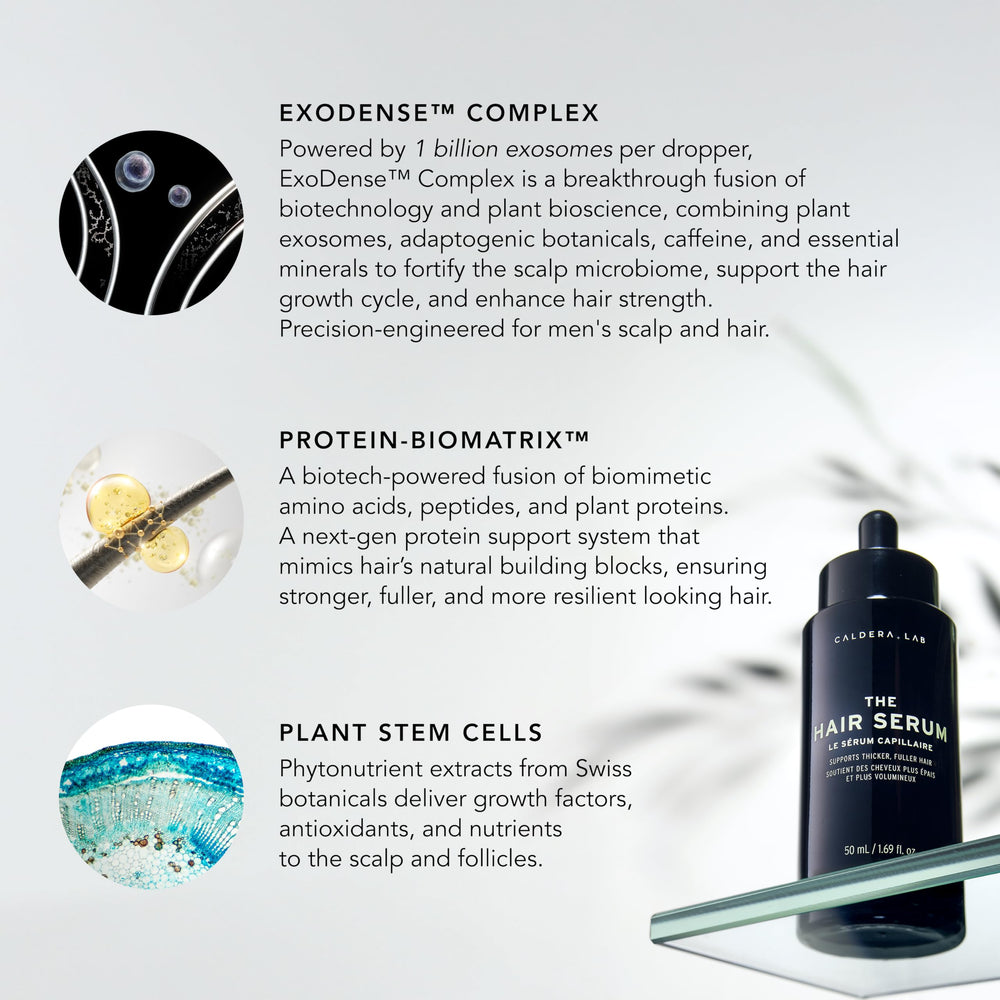 Caldera + Lab The Hair Serum ingredient highlights including peptides and amino acids.