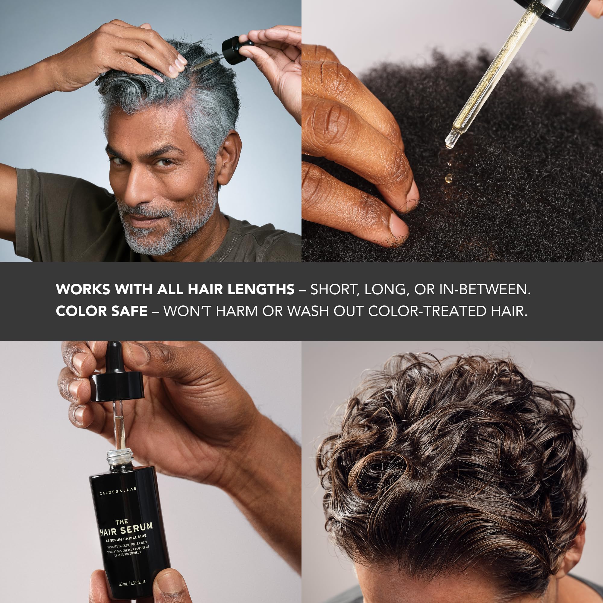 Caldera + Lab The Hair Serum scene in a tidy bathroom, showcasing daily regimen compatibility.
