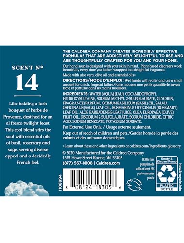 Caldrea Basil Blue Sage hand wash pump highlights luxurious cleansing with nourishing oils and aroma