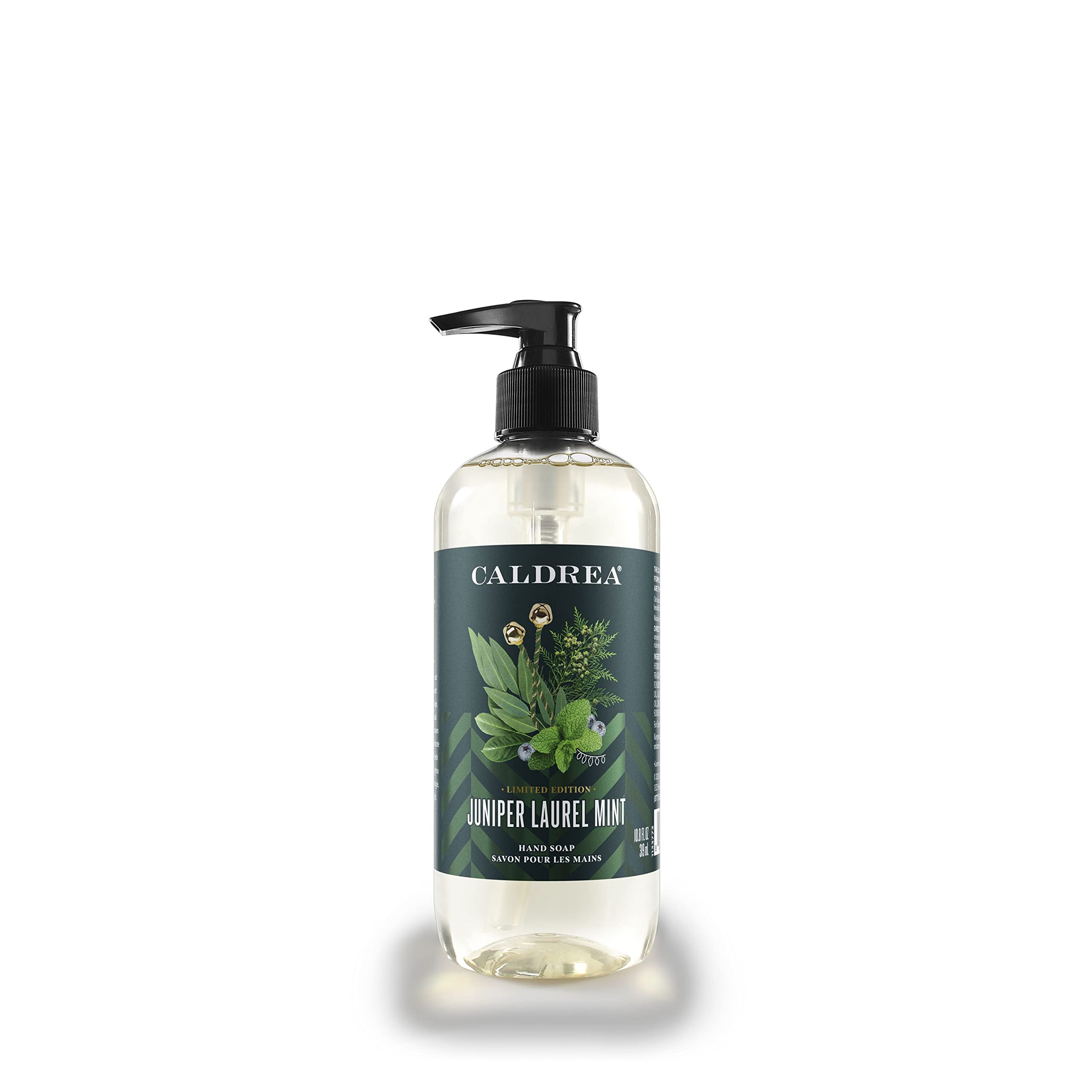 Caldrea hand soap bottle pour shows juniper laurel mint aroma and skin friendly formula for refreshing hand cleansing