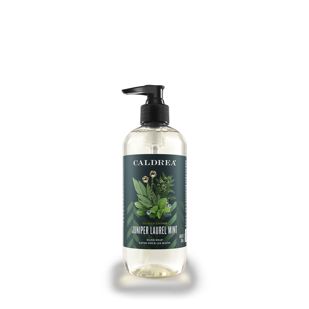 Caldrea hand soap bottle pour shows juniper laurel mint aroma and skin friendly formula for refreshing hand cleansing