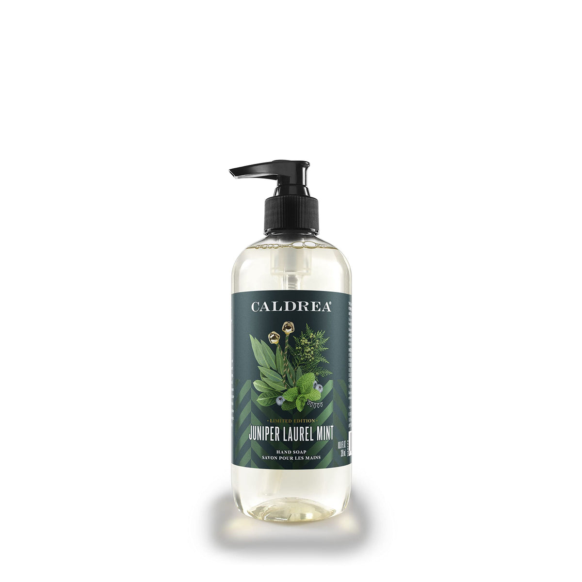 Caldrea hand soap bottle pour shows juniper laurel mint aroma and skin friendly formula for refreshing hand cleansing