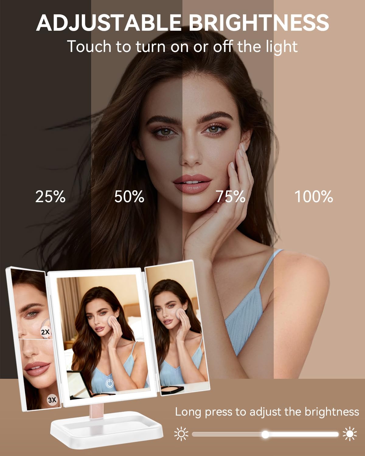 CALEPOP vanity mirror with 76 LEDs brightens skin tones for detailed grooming.