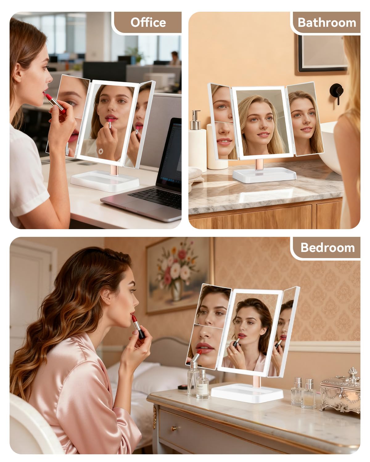 CALEPOP vanity mirror dimmable brightness for comfortable long sessions.