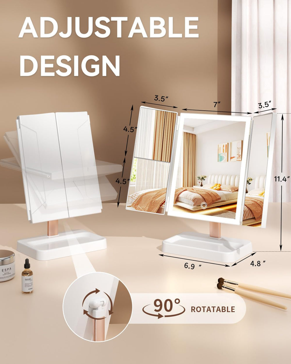 CALEPOP vanity mirror rechargeable battery enables cordless, clutter-free setup