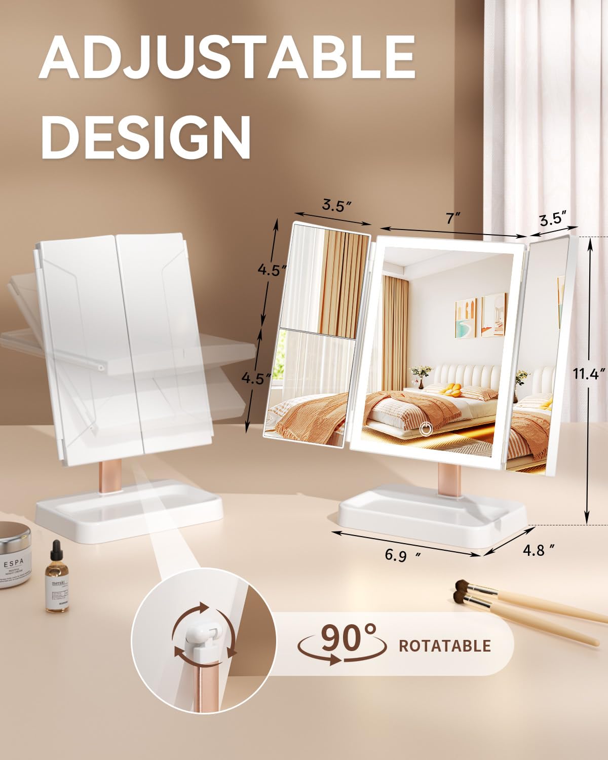 CALEPOP vanity mirror rechargeable battery enables cordless operation.