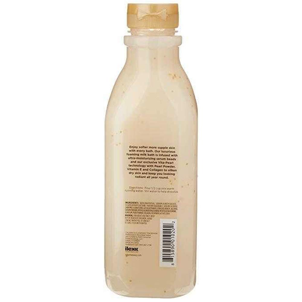 Calgon Ageless Bath Nourishing Milk Bath pearl powder texture evokes radiant skin.