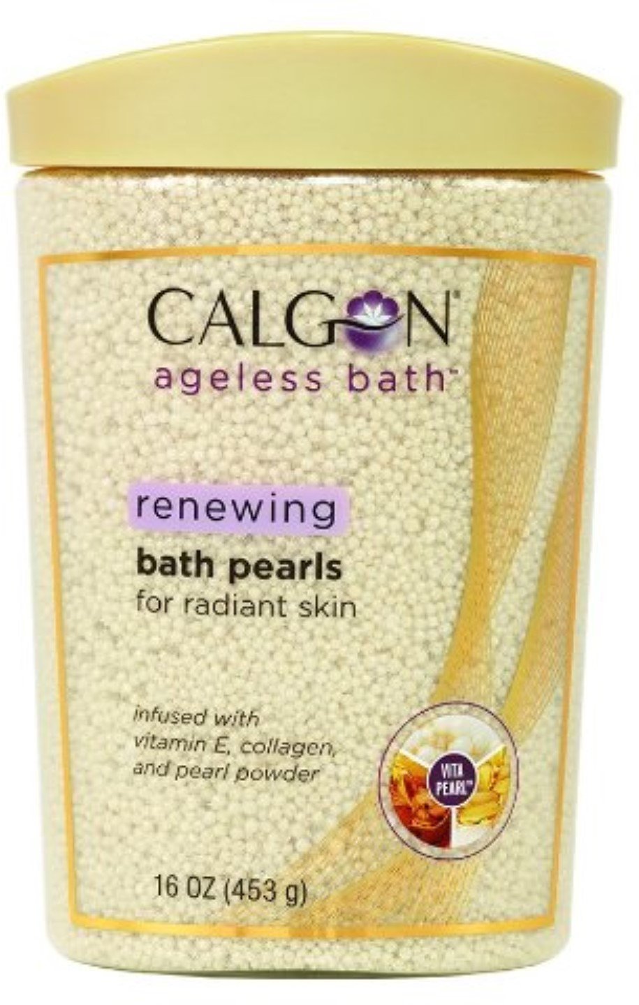 Calgon Ageless Bath Pearls bottle with pearls dissolving for skin nourishment and spa-like relaxation.