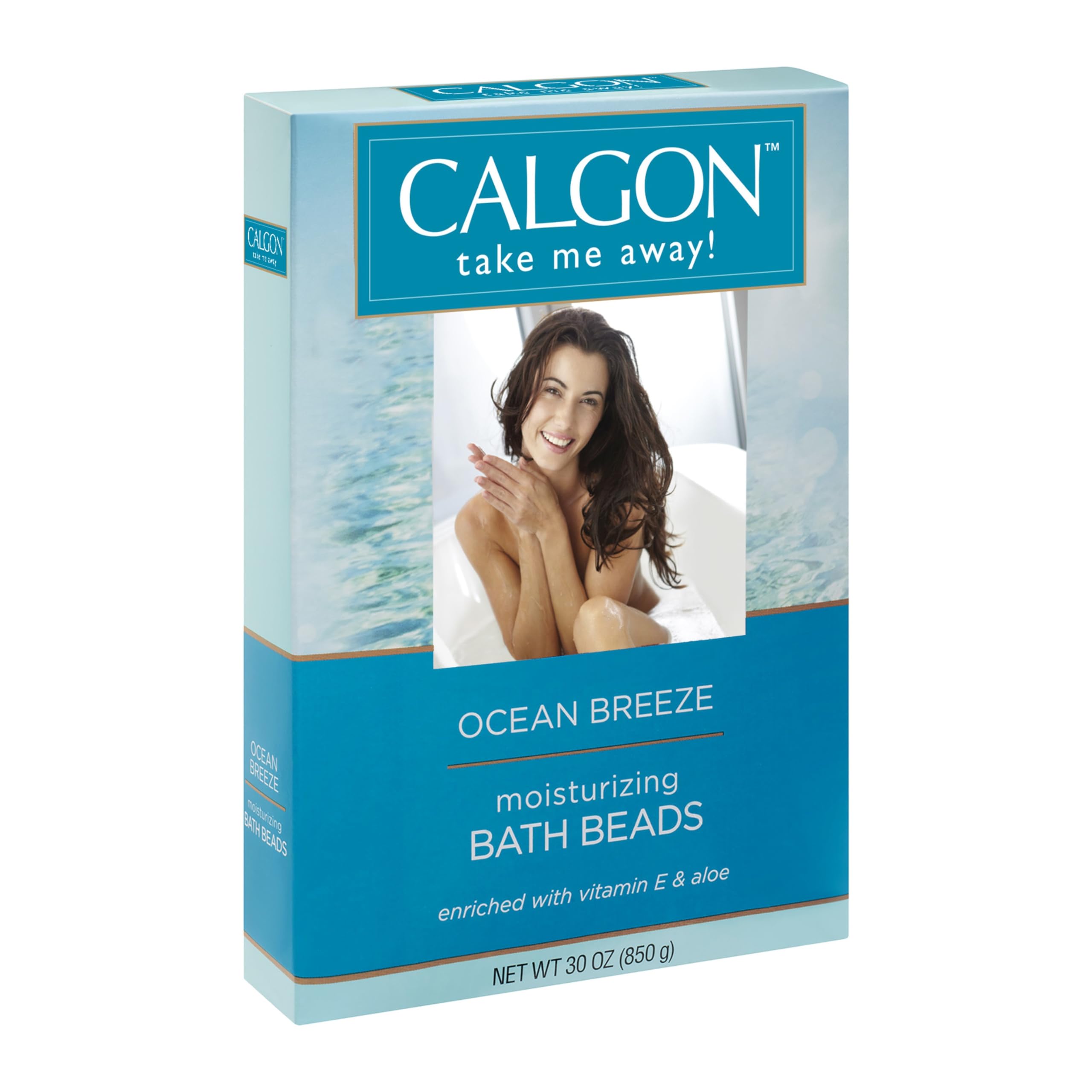 Calgon Ocean Breeze Ultra-Moisturizing Bath Beads 30 oz jar.