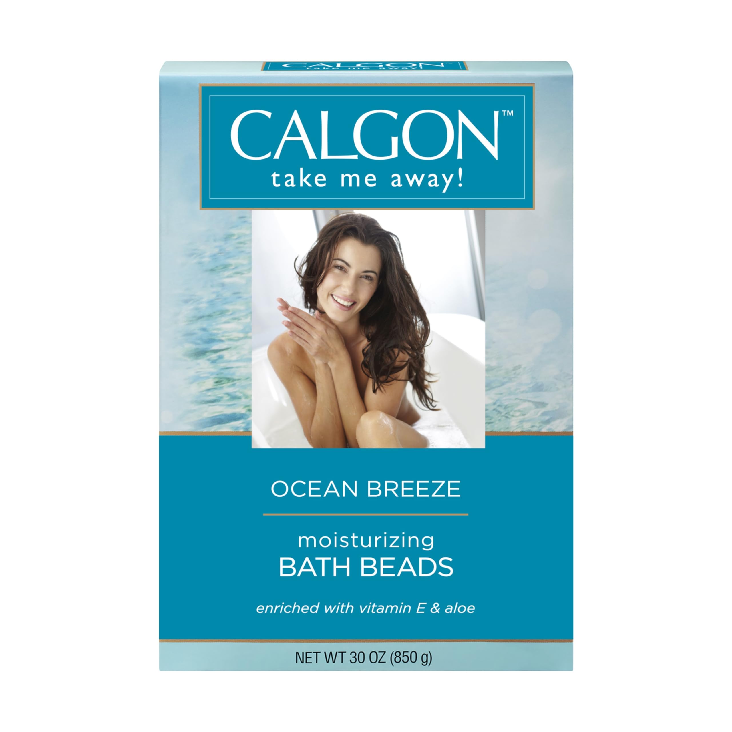 Calgon Ocean Breeze bath beads packaging for a luxurious, moisturizing bath ritual.