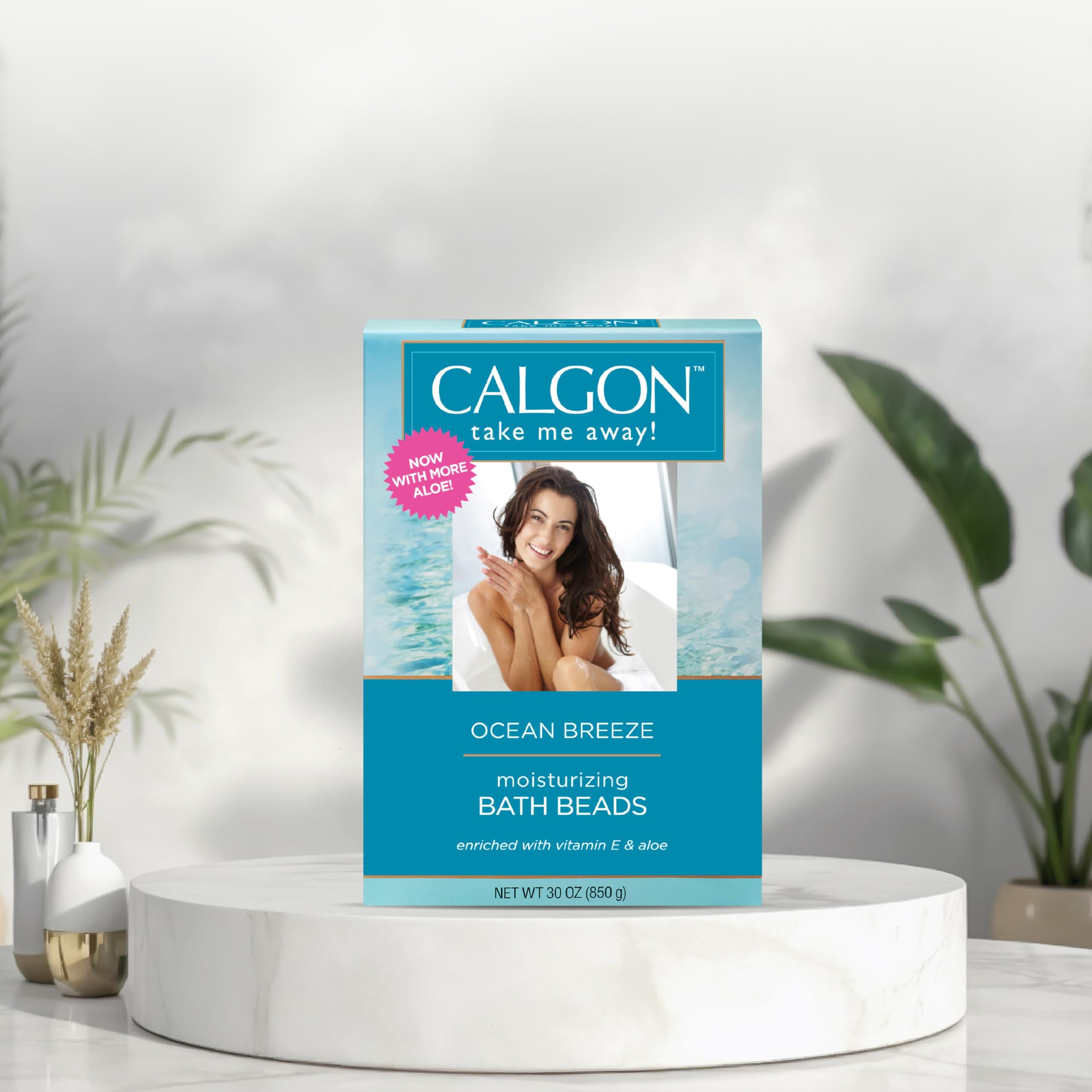 Calgon Vitamin E Aloe formula softens water for smoother skin.