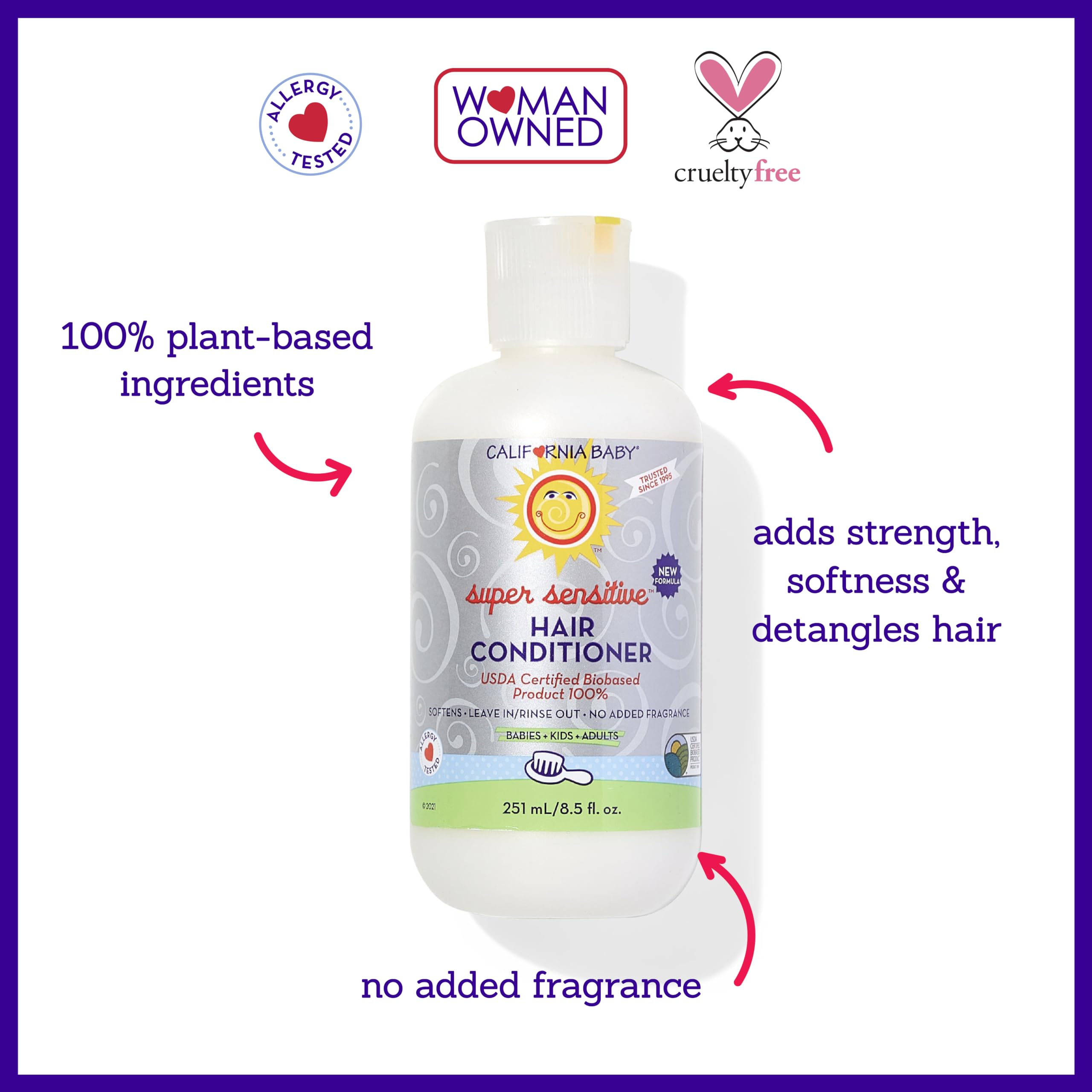 California Baby conditioner texture close-up – creamy, plant-based formula for nourishing hair.