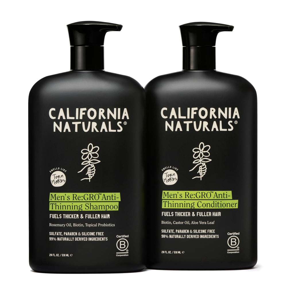 California Naturals Mens Re:GRO shampoo bottle closeup emphasizing scalp health support