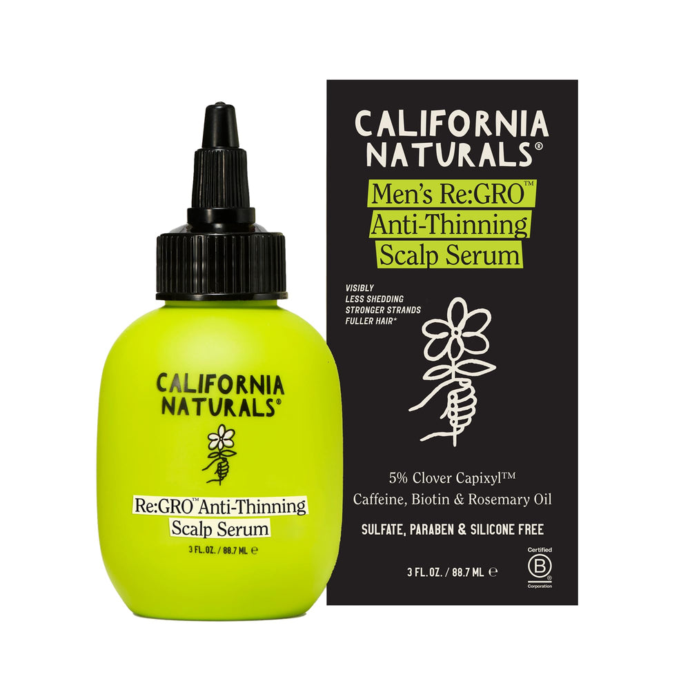 California Naturals Re:GRO serum bottle closeup highlighting vegan formula for thinning hair support