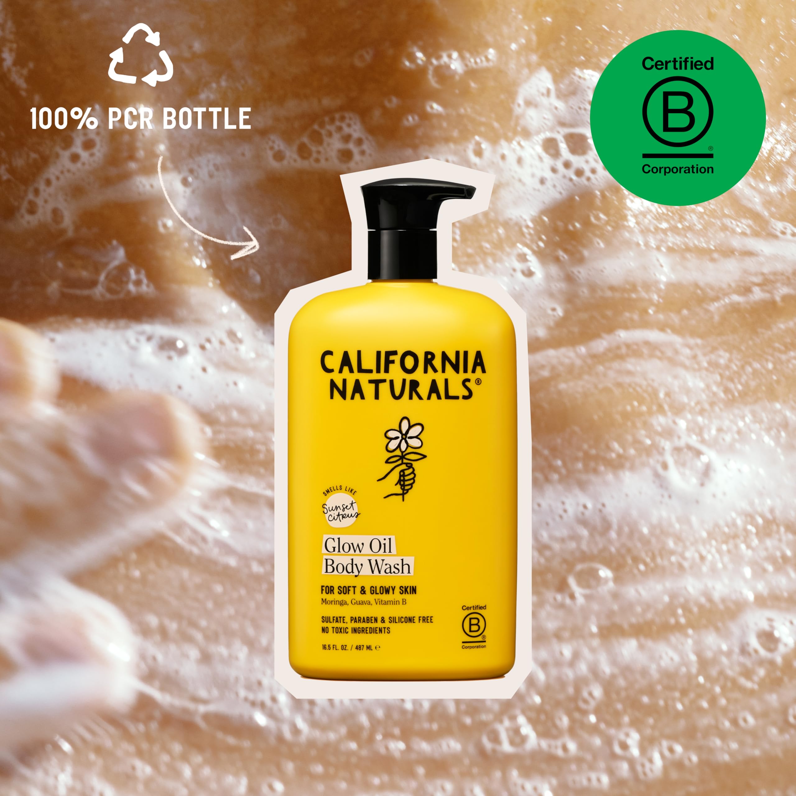 Glow Oil vegano y libre de crueldad en empaque reciclado.