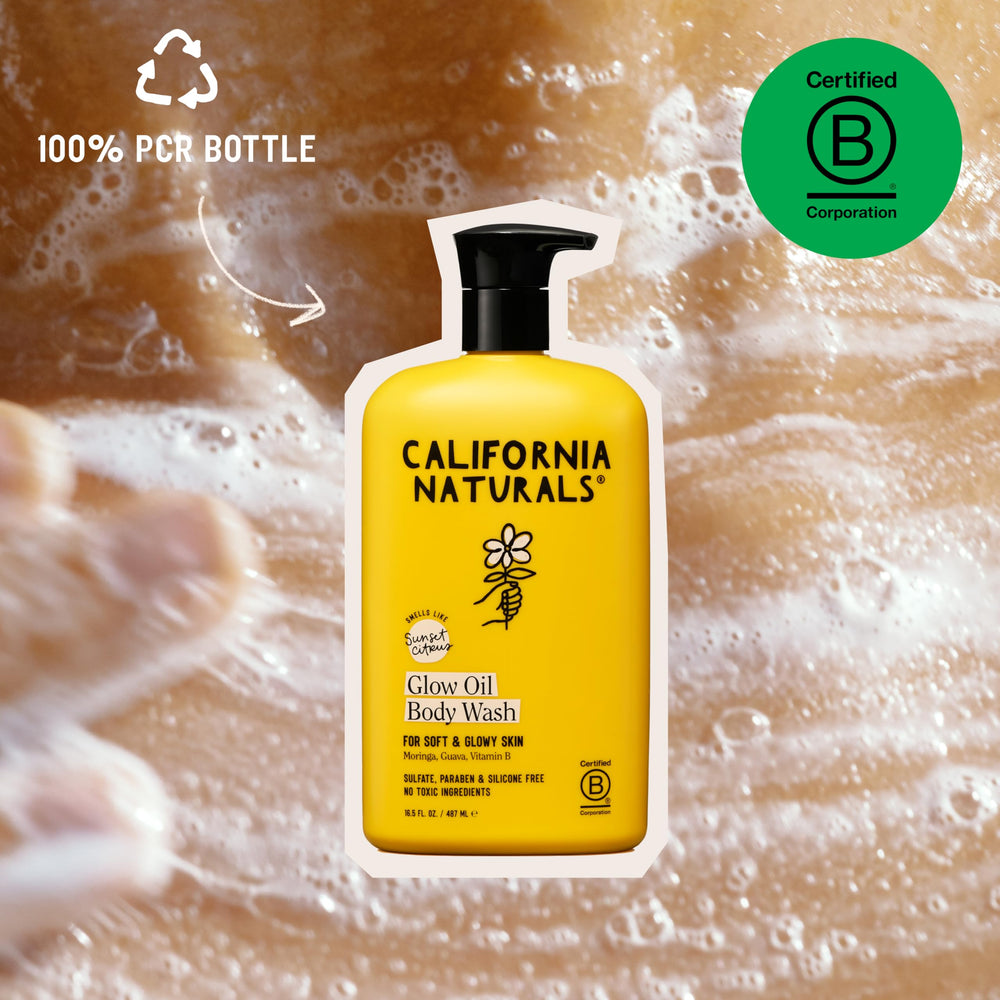 Glow Oil vegano y libre de crueldad en empaque reciclado.