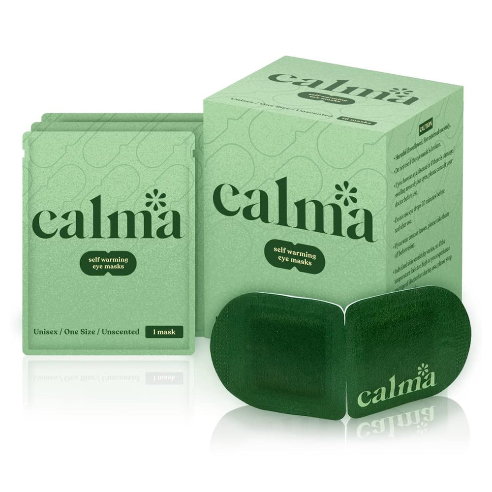 Calma 16-pack heated eye mask in packaging for warm-relief sessions.