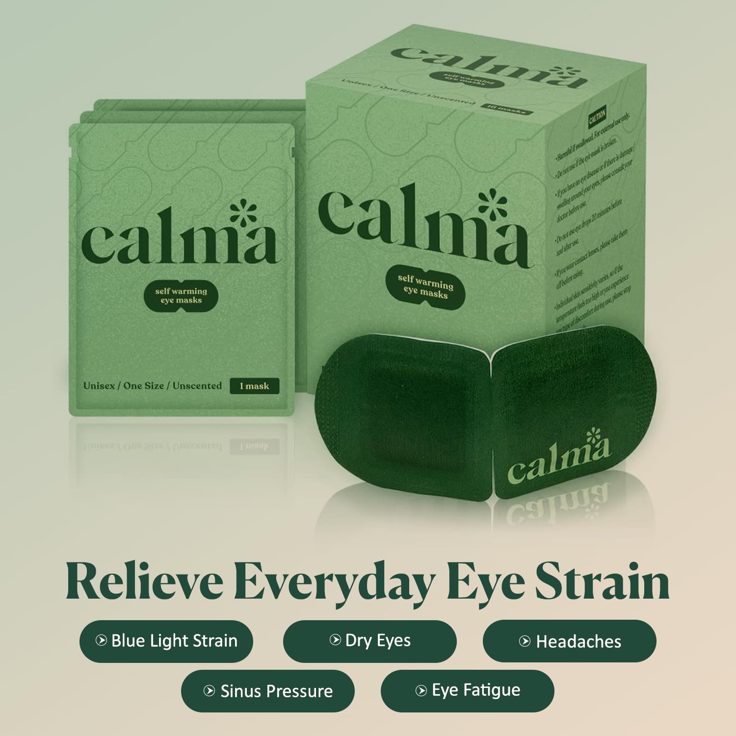 Calma heated eye mask close-up showing gentle warmth for tired eyes.