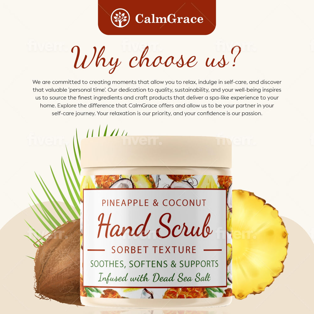 CalmGrace 10.5oz tub highlights value and long-lasting exfoliation.