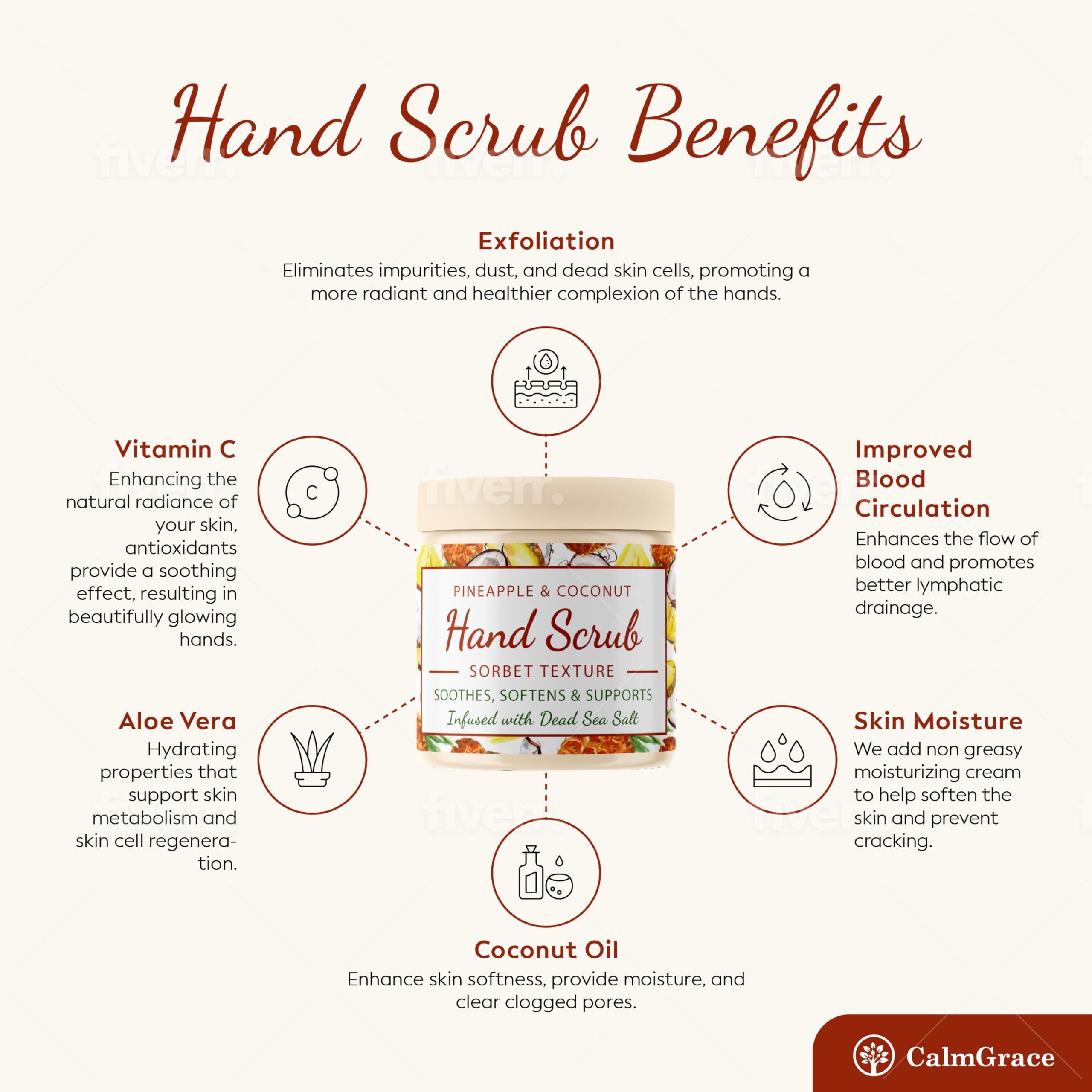CalmGrace hand scrub bottle shows avocado oil and vitamin E for moisturized skin.