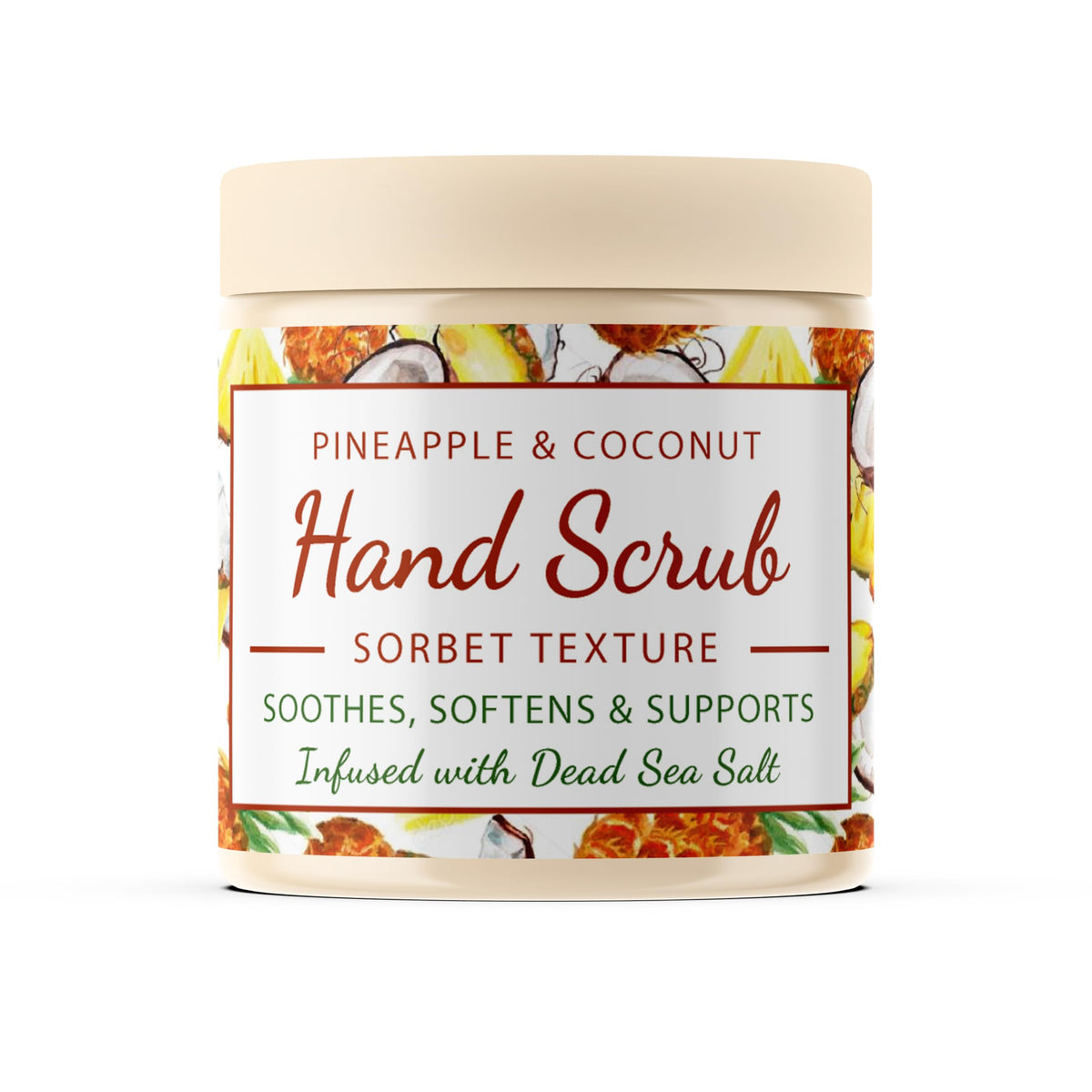 CalmGrace hand scrub jar with Dead Sea salts for nourishing exfoliation.