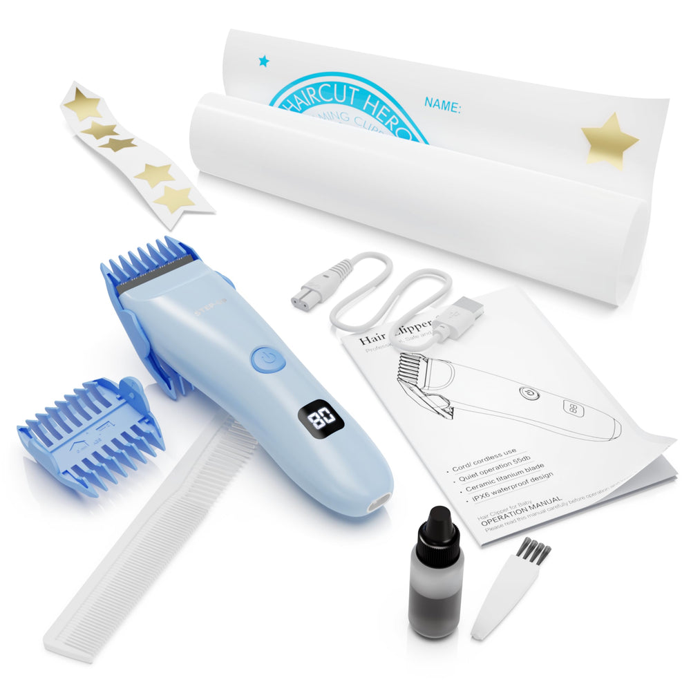 CALMING CLIPPER low-noise 18pc kit image demonstrates gentle start to haircuts