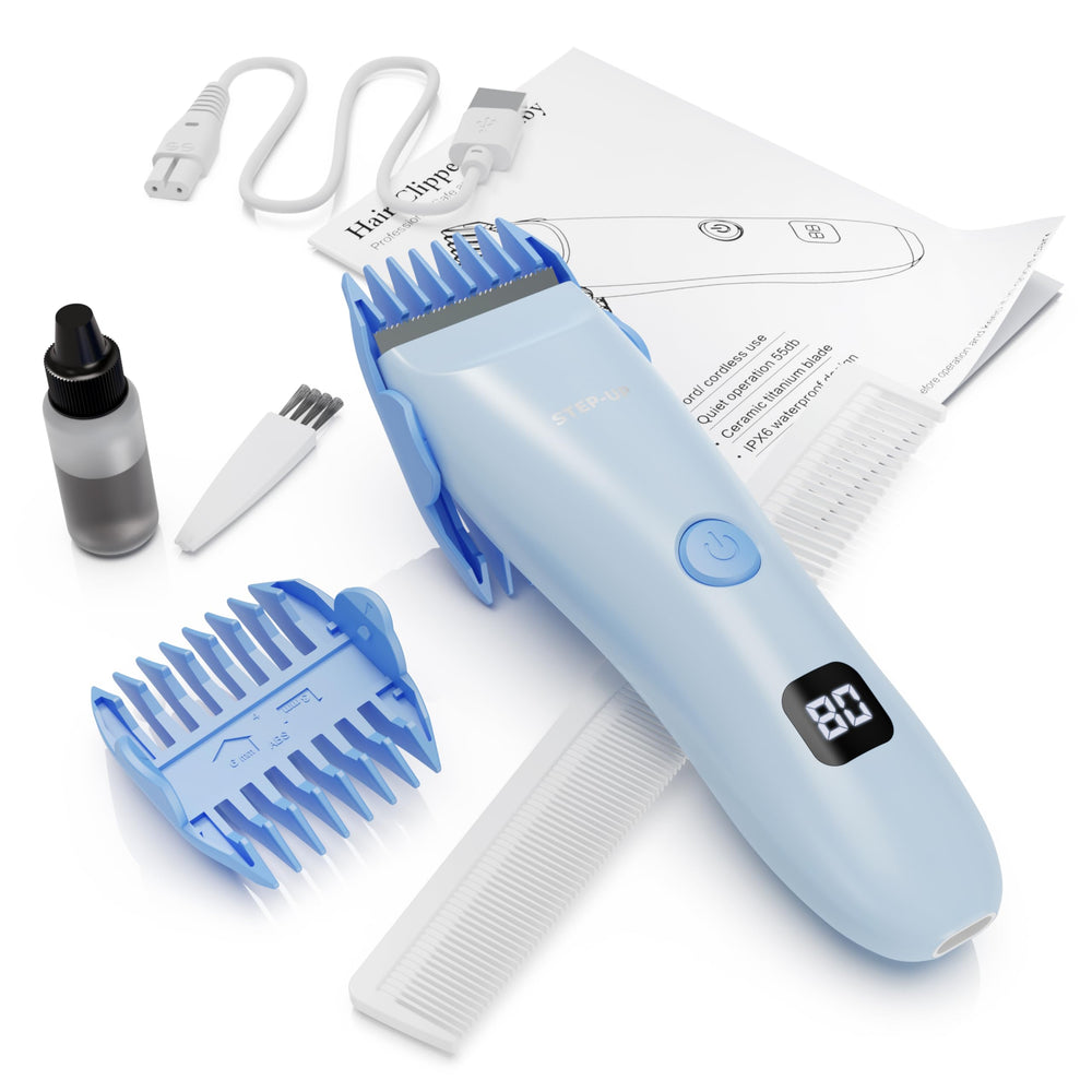 CALMING CLIPPER Step-Up front view shows silent operation for stress-free kid haircuts