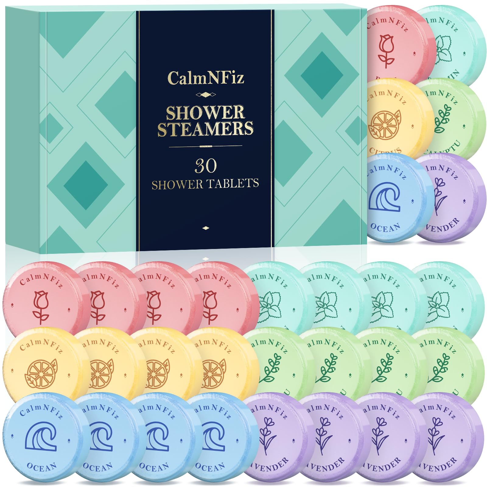 CalmNFiz 30-pack box display highlighting six scents for thoughtful self-care gifts.