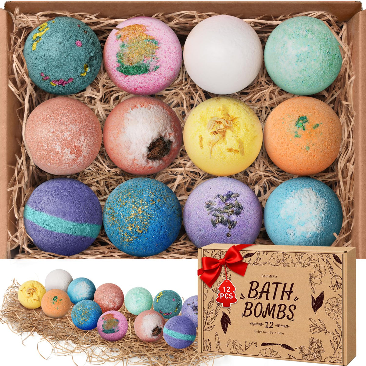 CalmNfiz bath bombs set with 12 scents shown in elegant packaging for gifting.