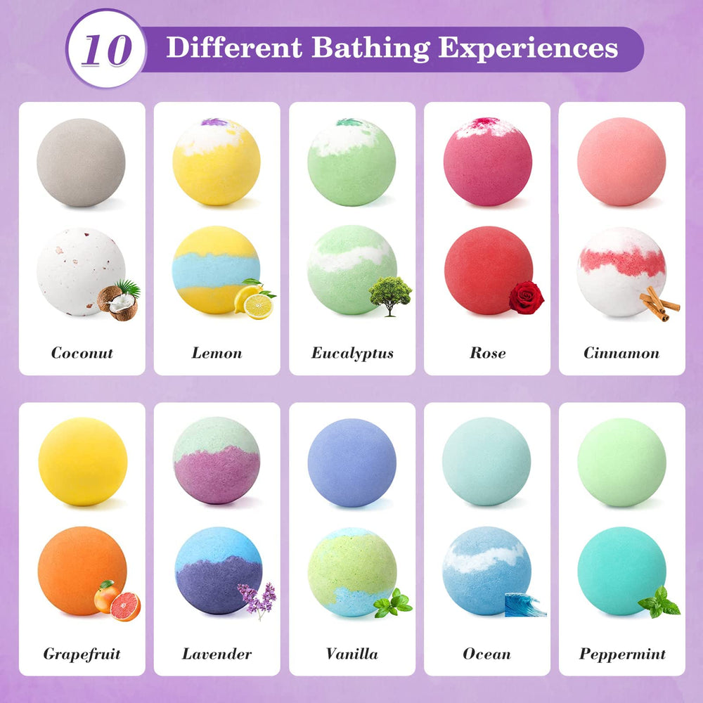 CalmNFiz fragrance-varieties bath bombs image highlights ten scent options.