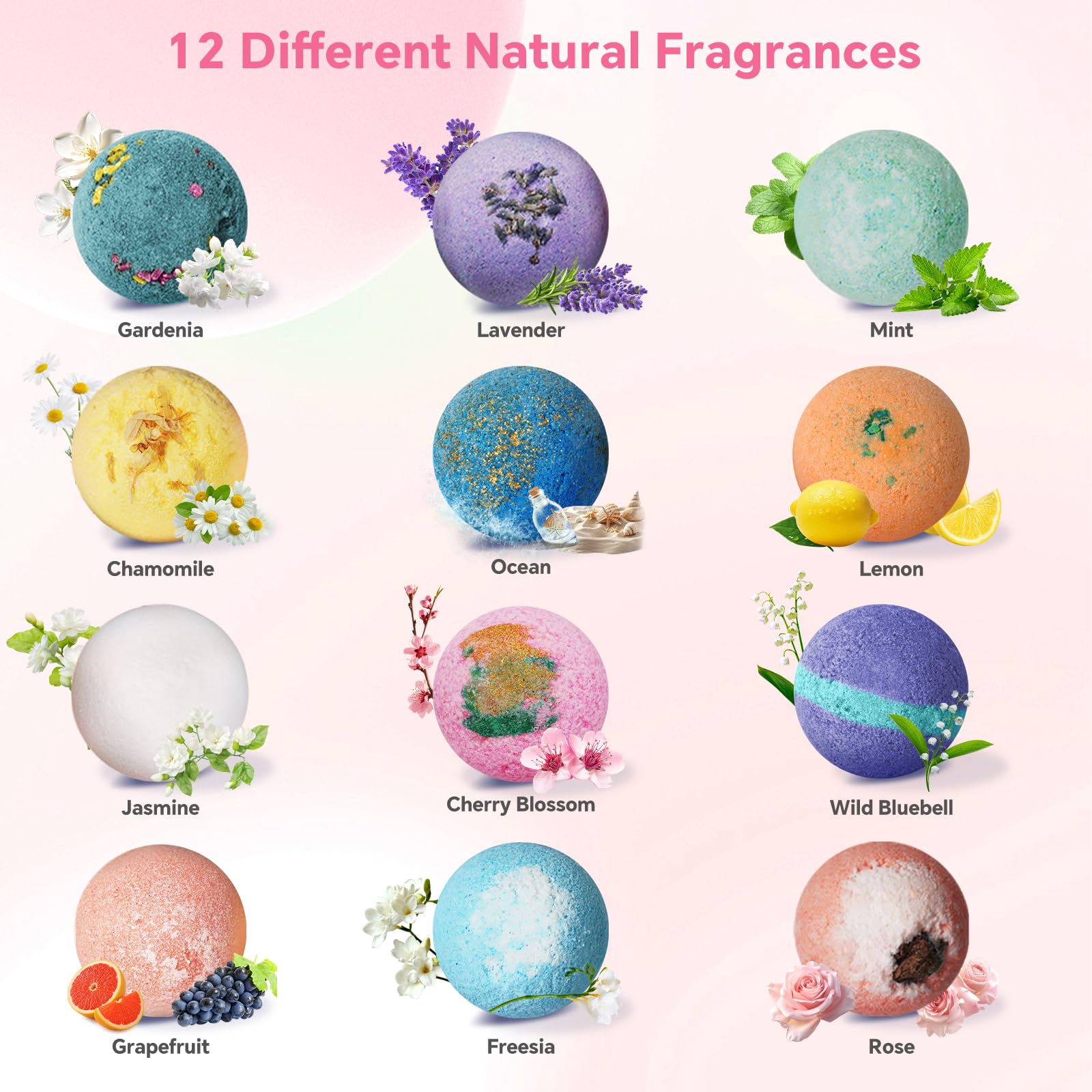 CalmNfiz bath bombs display scent labels for quick mood-based fragrance selection.