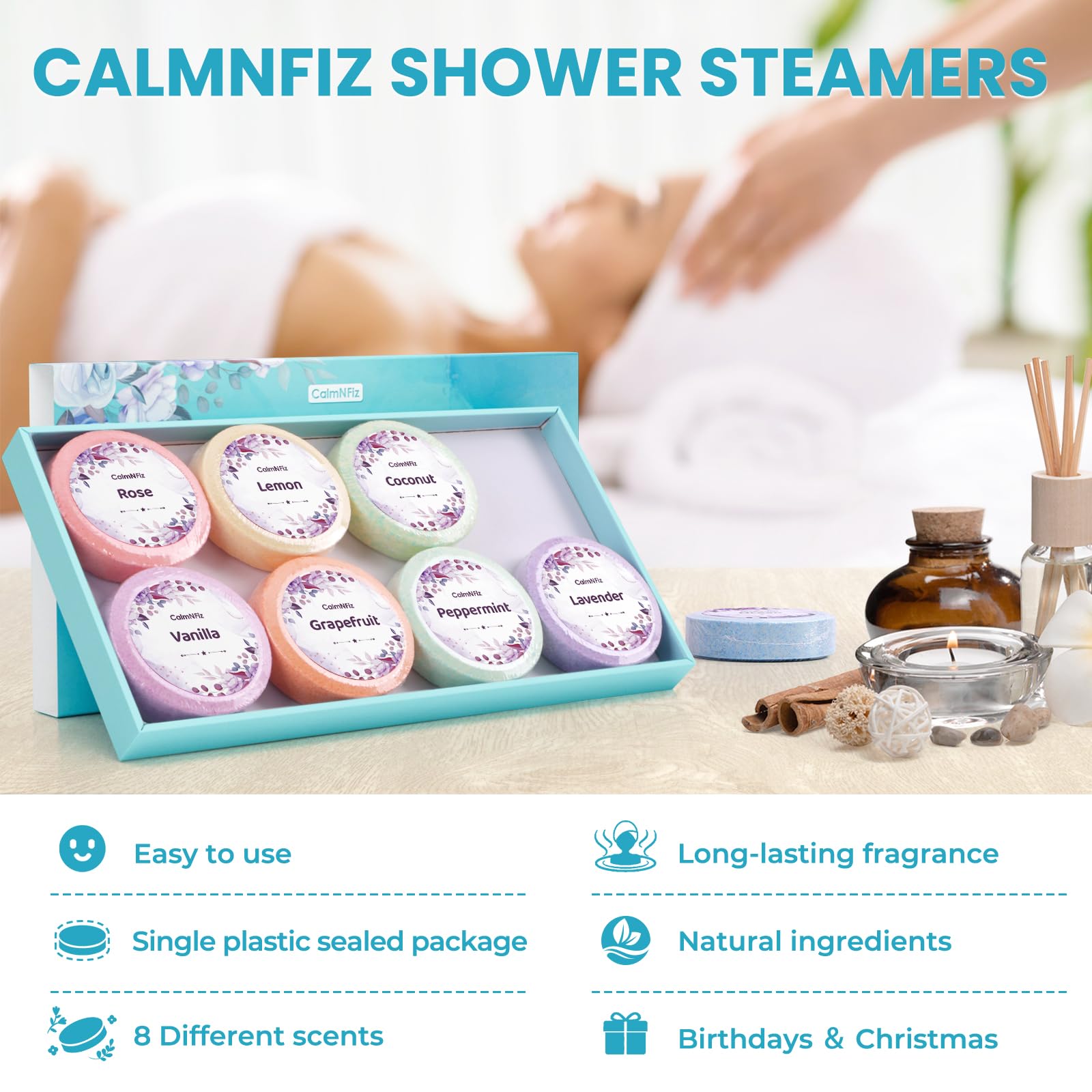 CalmNFiz lavender shower steamer promotes calm mood and relaxation rituals