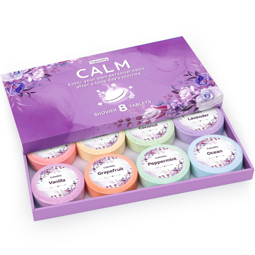 CalmNFiz 8-pack box of shower steamers for relaxing self-care routines.