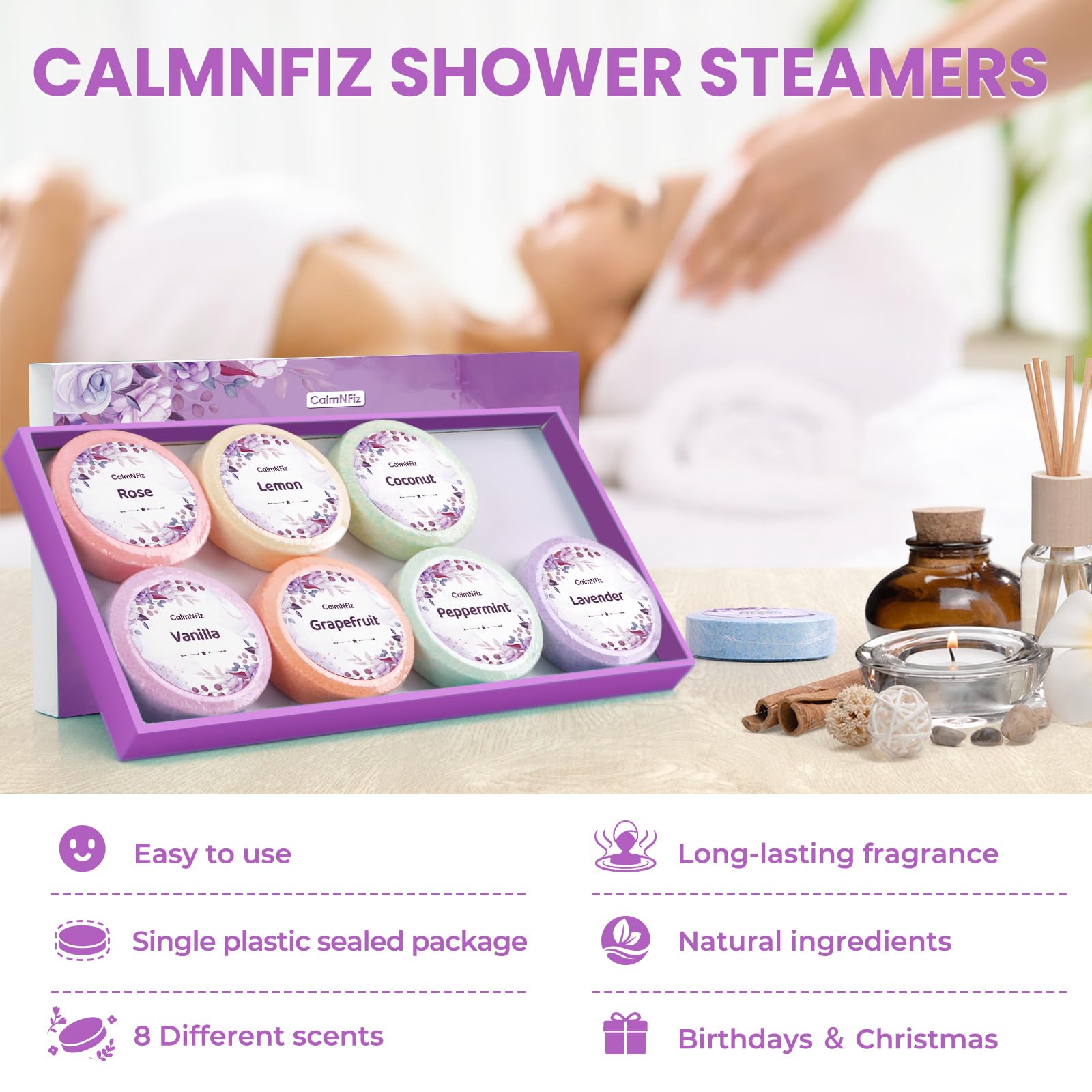 CalmNFiz lavender shower steamer offers calming aroma for unwinding evenings.