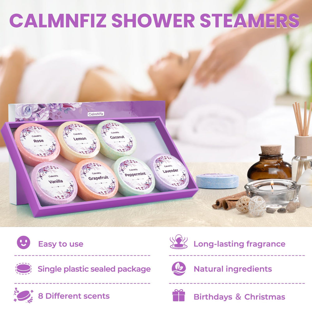 CalmNFiz lavender shower steamer offers calming aroma for unwinding evenings.