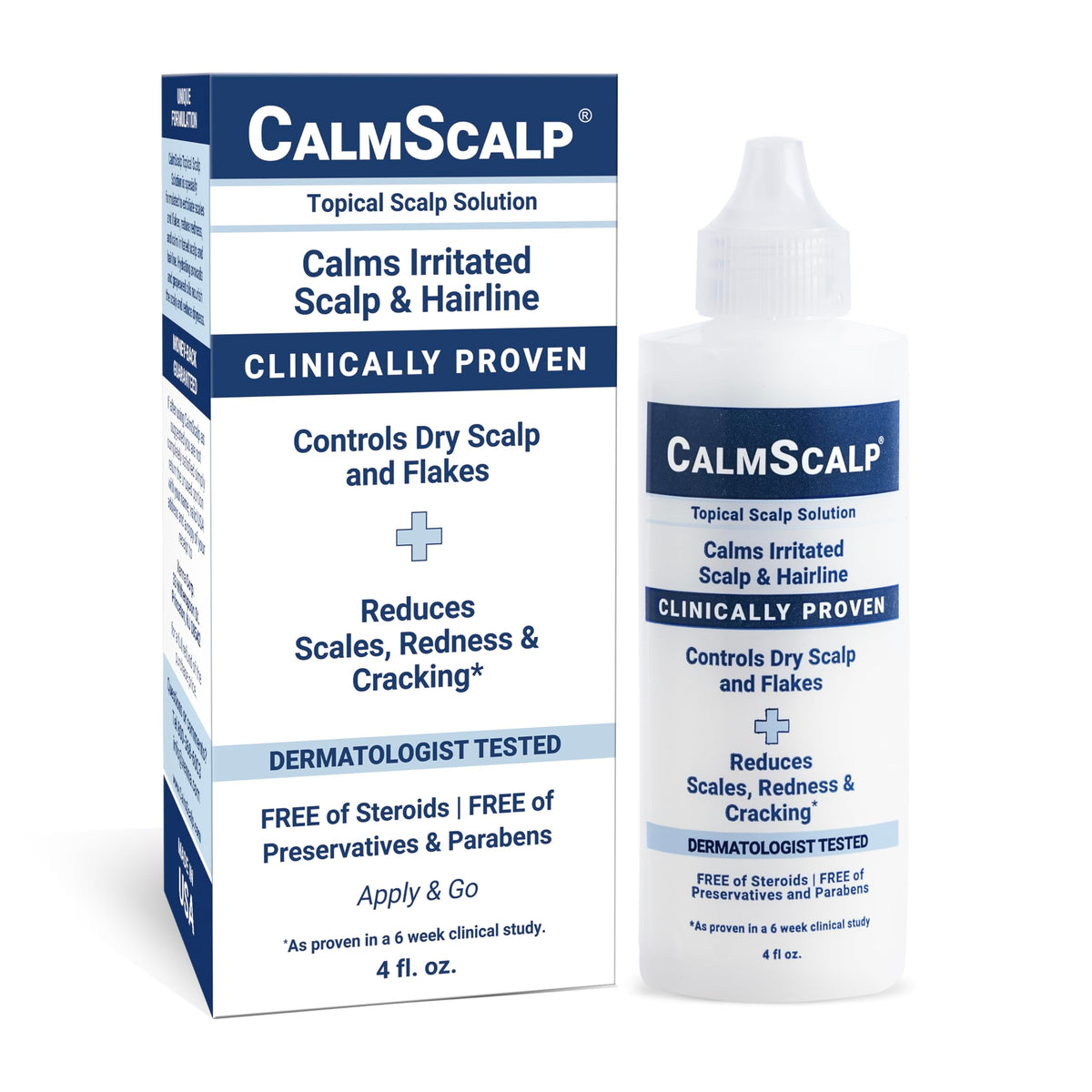 CalmScalp scalp serum bottle with fast-absorbing formula for itch relief.