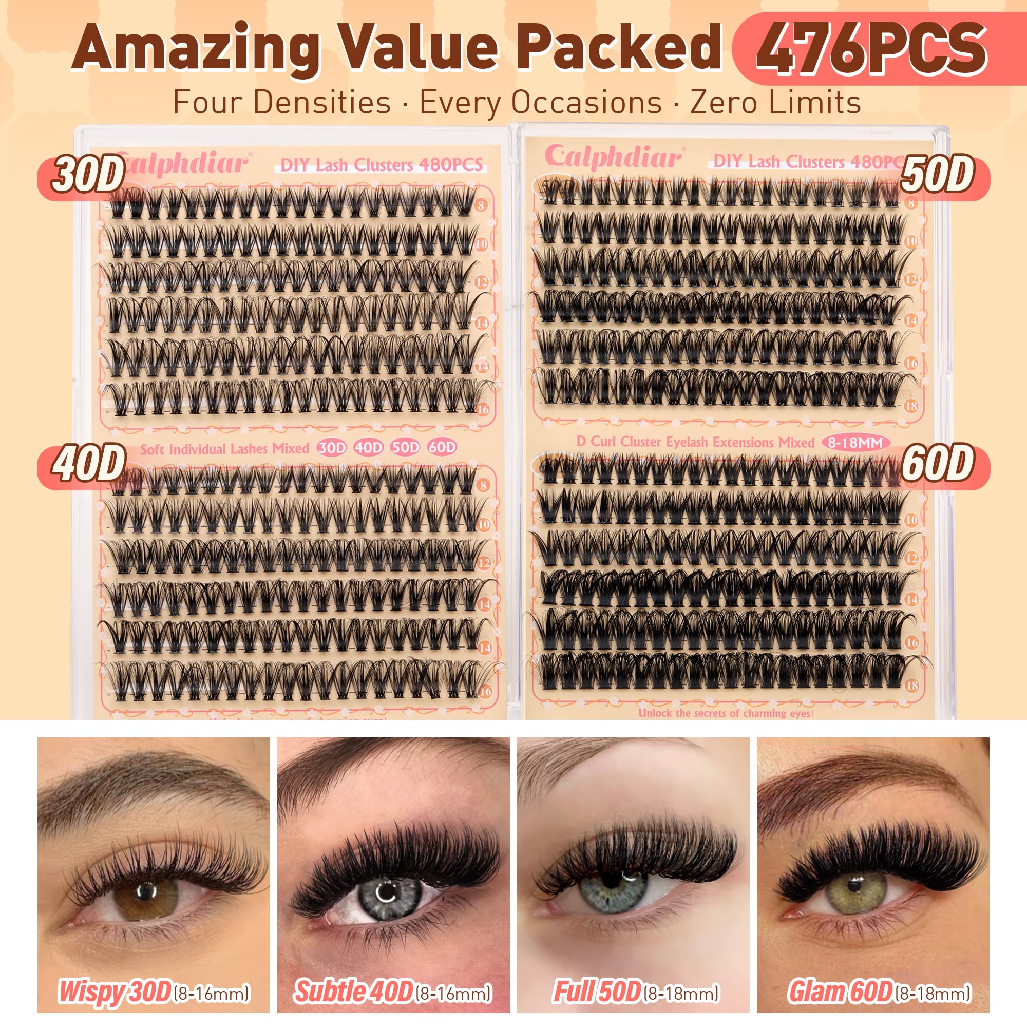 Calphdiar D-curly lash clusters deliver dramatic eye-opening without heaviness.