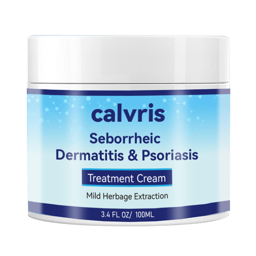 Calvris Scalp Comfort Balm bottle shows steroid-free, botanical relief for dry scalp