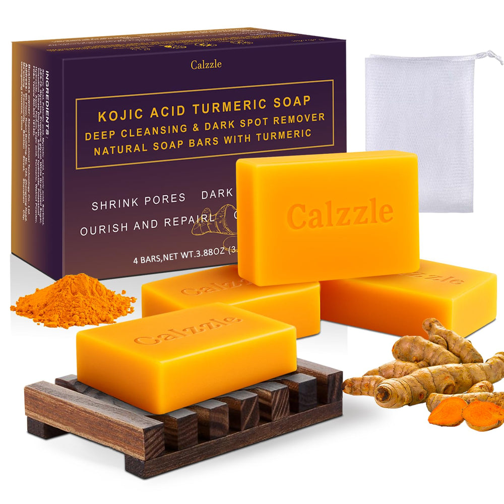 Calzzle Kojic Acid Soap 4-pack front view shows compact bars ready for daily brightening