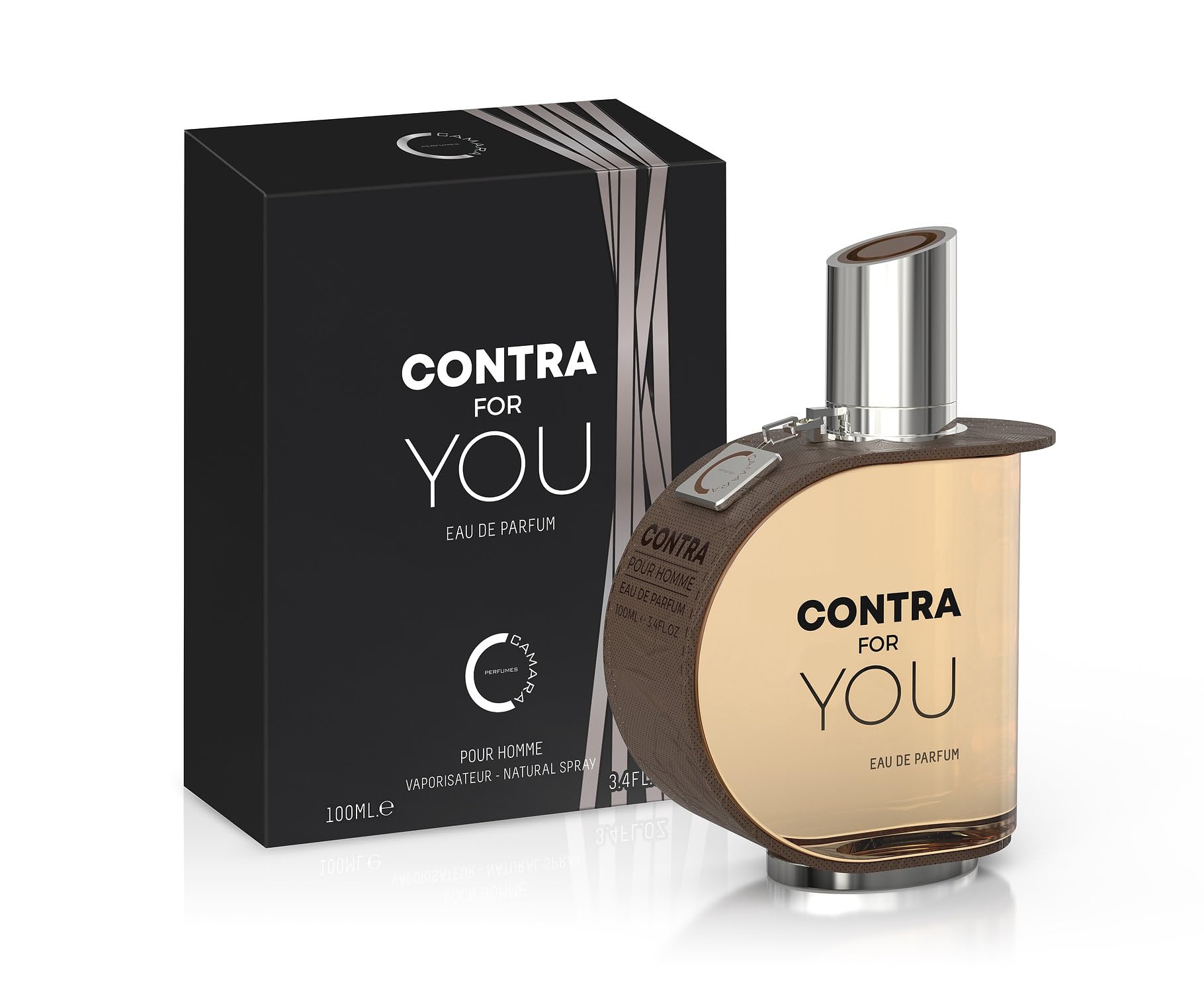 Camara Contra Eau de Parfum bottle exudes bold masculine appeal for evenings.