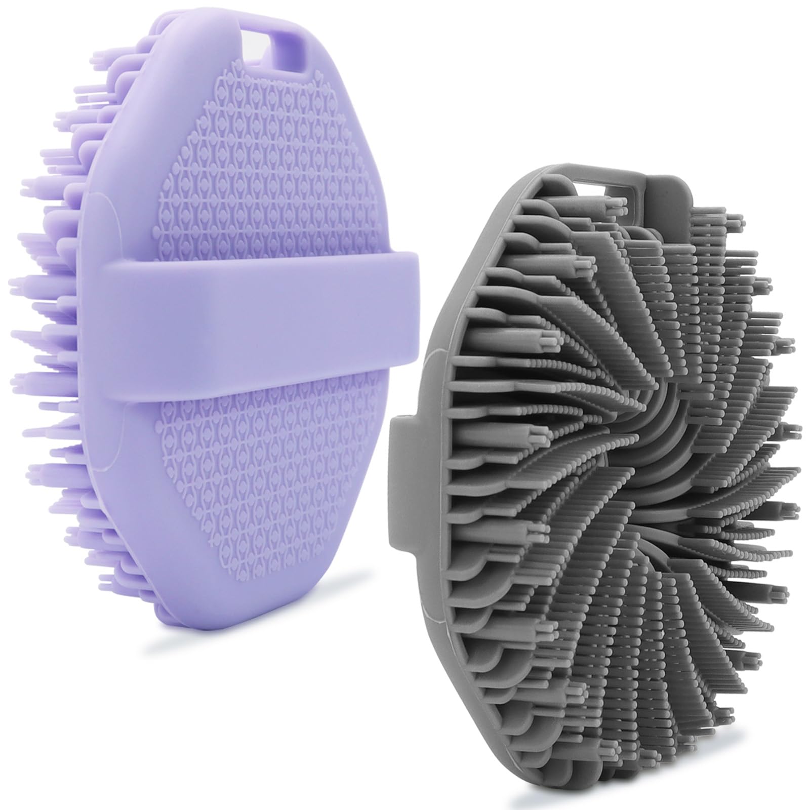 CAMENDE 2-pack silicone body scrubbers in gray and purple for gentle exfoliation.
