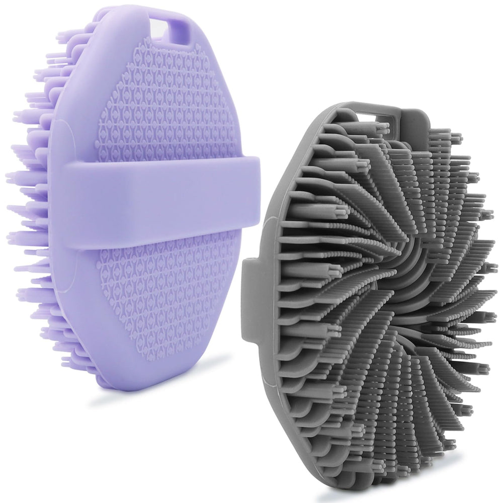 CAMENDE 2-pack silicone body scrubbers in gray and purple for gentle exfoliation.