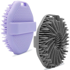 CAMENDE 2-pack silicone body scrubbers in gray and purple for gentle exfoliation.