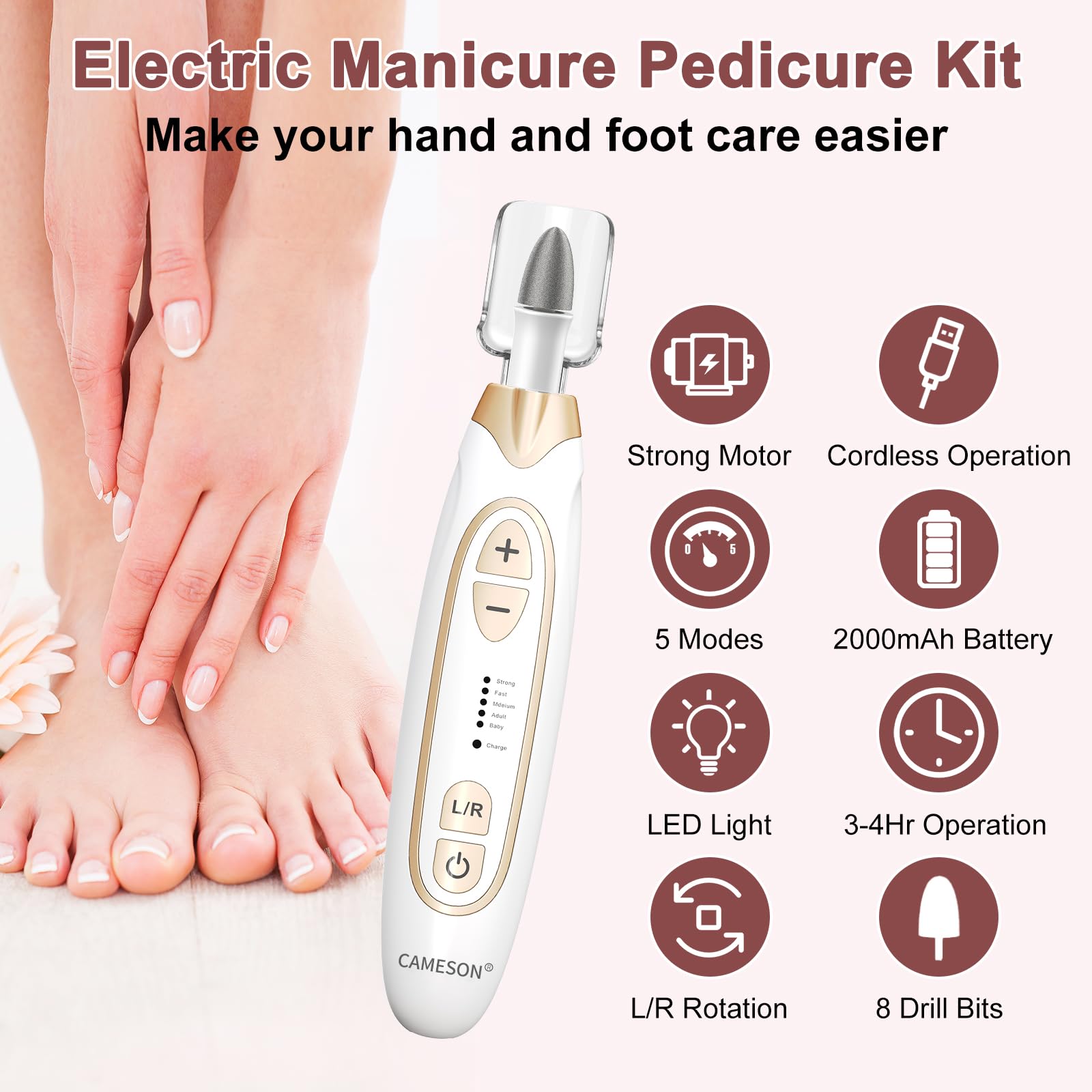 CAMESON cordless nail file with LED light highlighting precision work