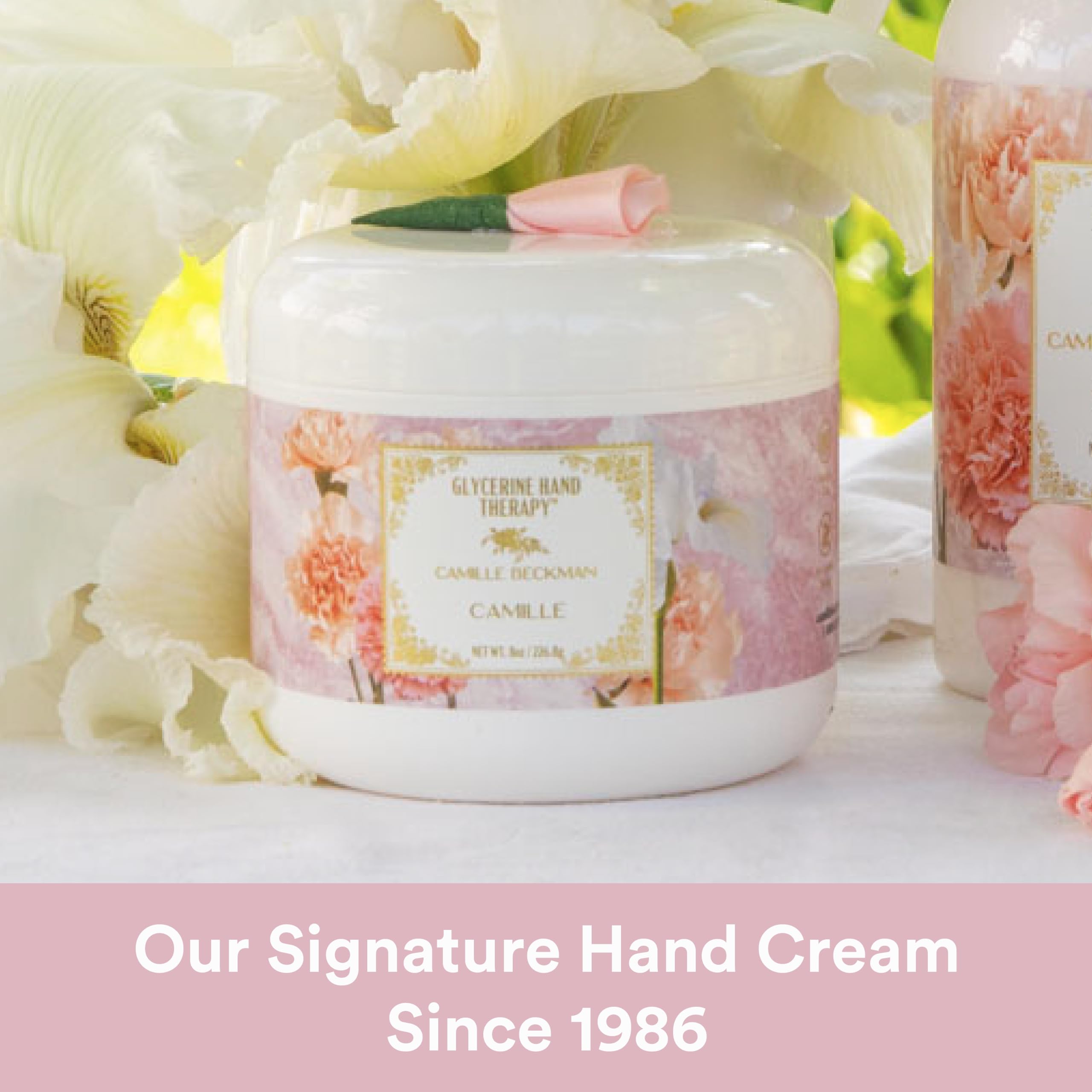 Camille Beckman 8 oz hand cream jar on elegant packaging for daily use