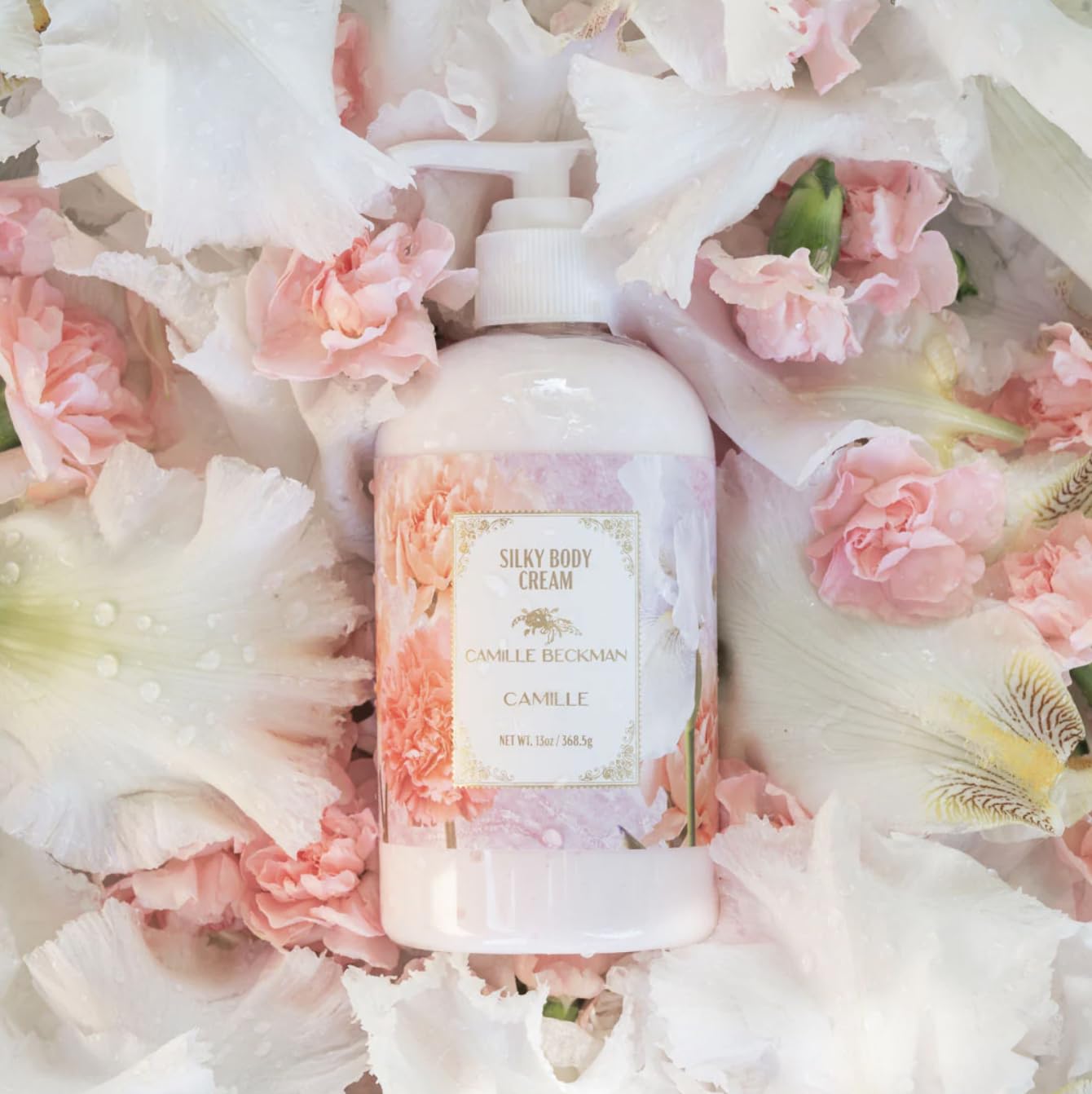 Camille Beckman cream pump demonstrates quick, non-greasy moisture for all skin types.