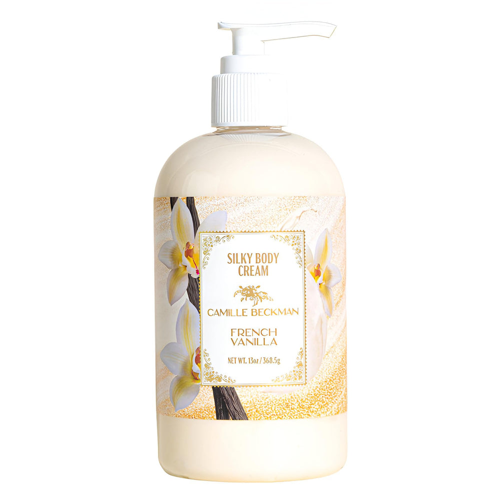 Camille Beckman packaging of French Vanilla Silky Body Cream, a vegan daily moisturizer.