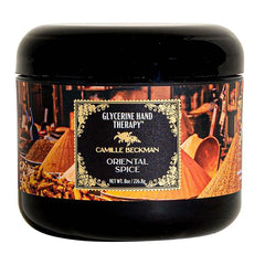 Camille Beckman glycerine hand therapy cream Oriental Spice bottle closeup for deep hydration