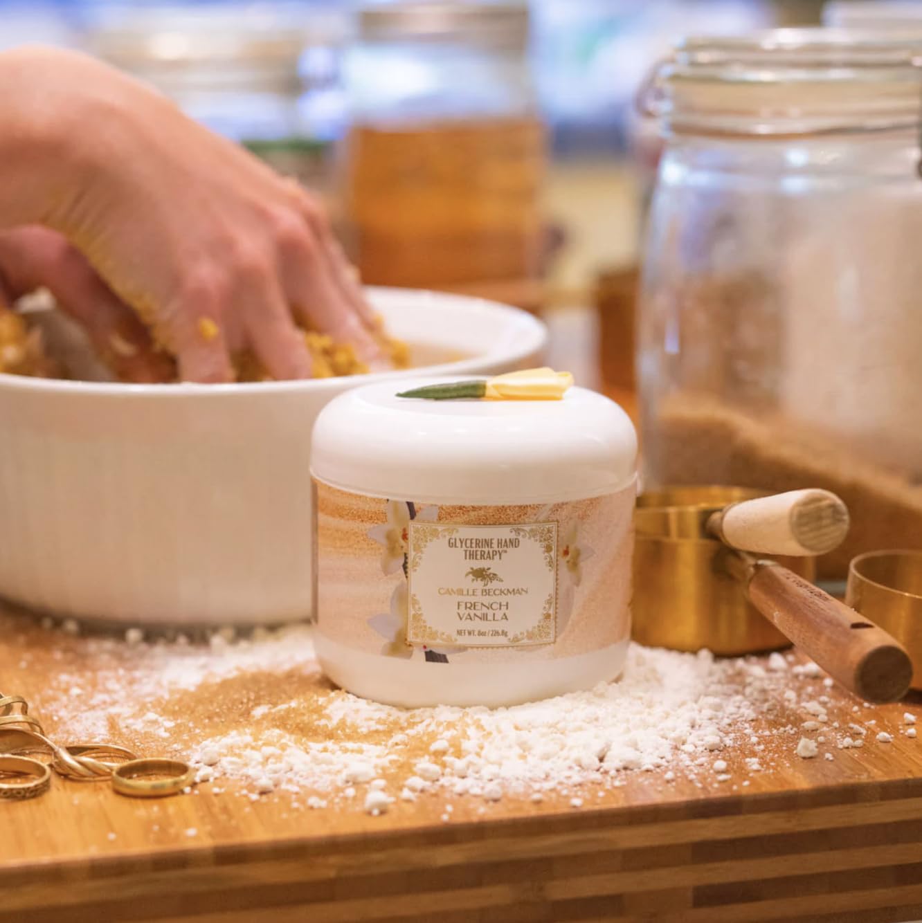 Camille Beckman glycerine hand therapy cream vanilla label closeup highlights ingredients and USA-made quality