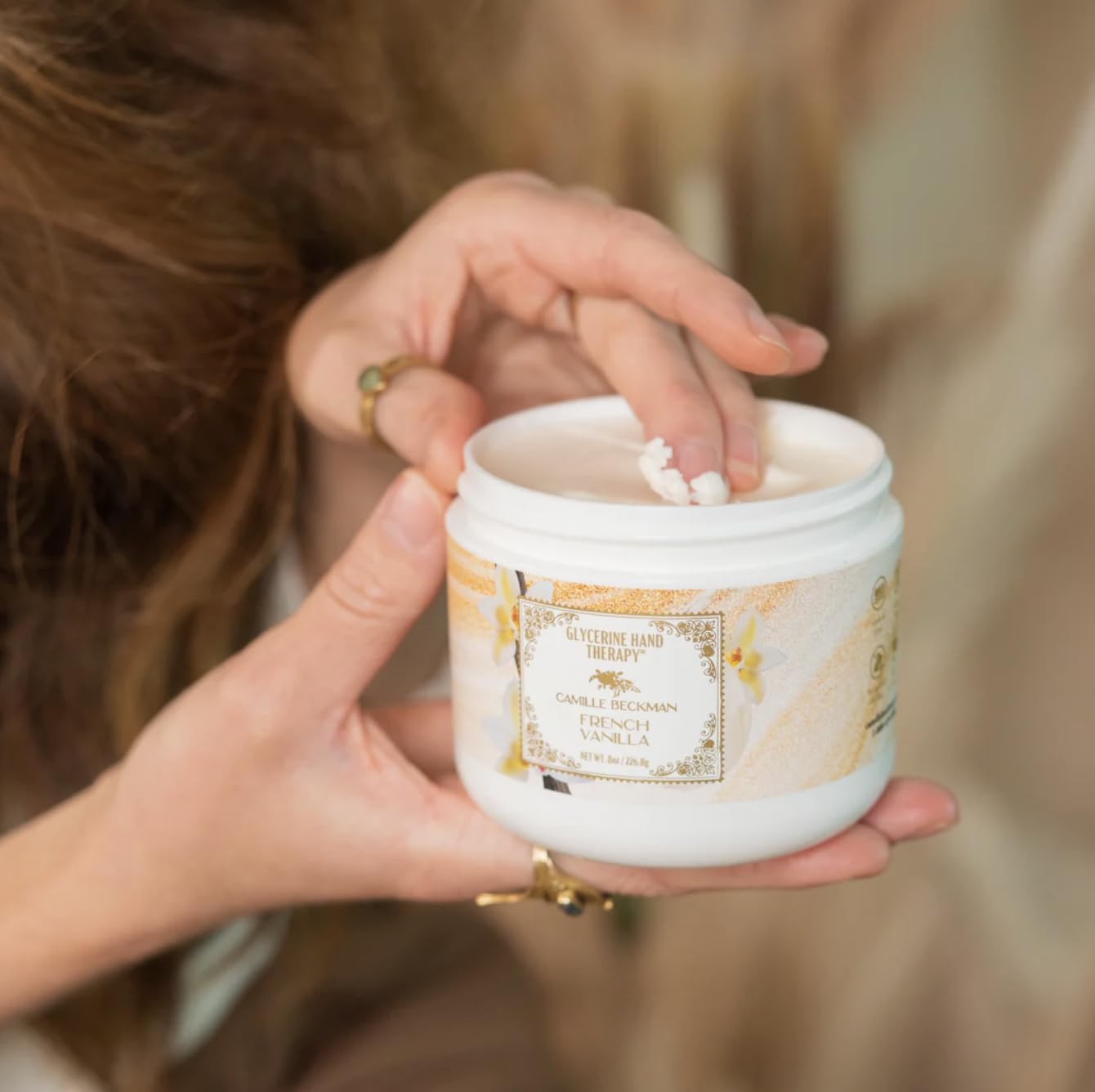 Camille Beckman glycerine hand therapy cream vanilla texture closeup shows creamy moisture for dry hands